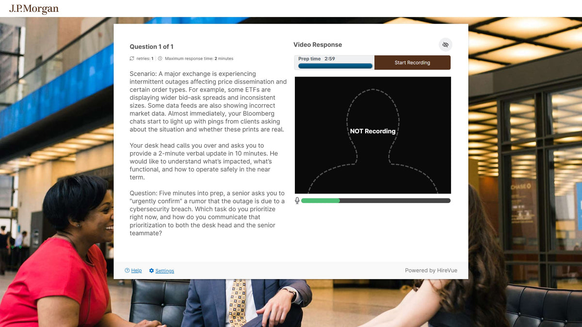 J.P. Morgan 2027 Commercial and Investment Bank Markets Summer Analyst Program Hong Kong HireVue Video Interview Exchange Outage Prioritization