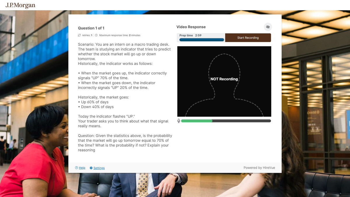 J.P. Morgan 2027 Commercial and Investment Bank Markets Summer Analyst Program Hong Kong HireVue Video Interview Indicator Probability Question